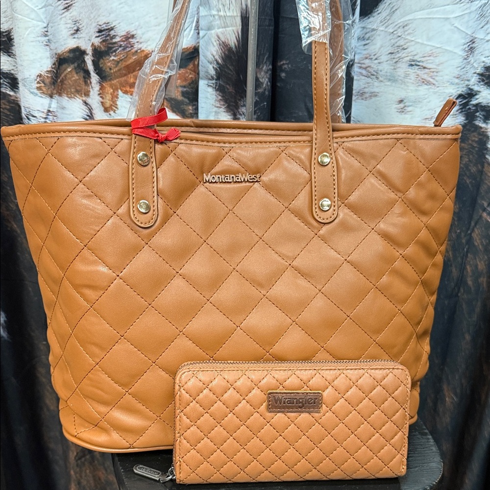 Montana West Brown Quilted Tote and Wallet Set